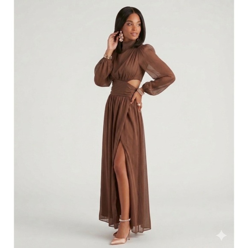 Petal and Pup Neveah Brown Chiffon Cutout Maxi Dress Lantern Sleeve 4 Formal